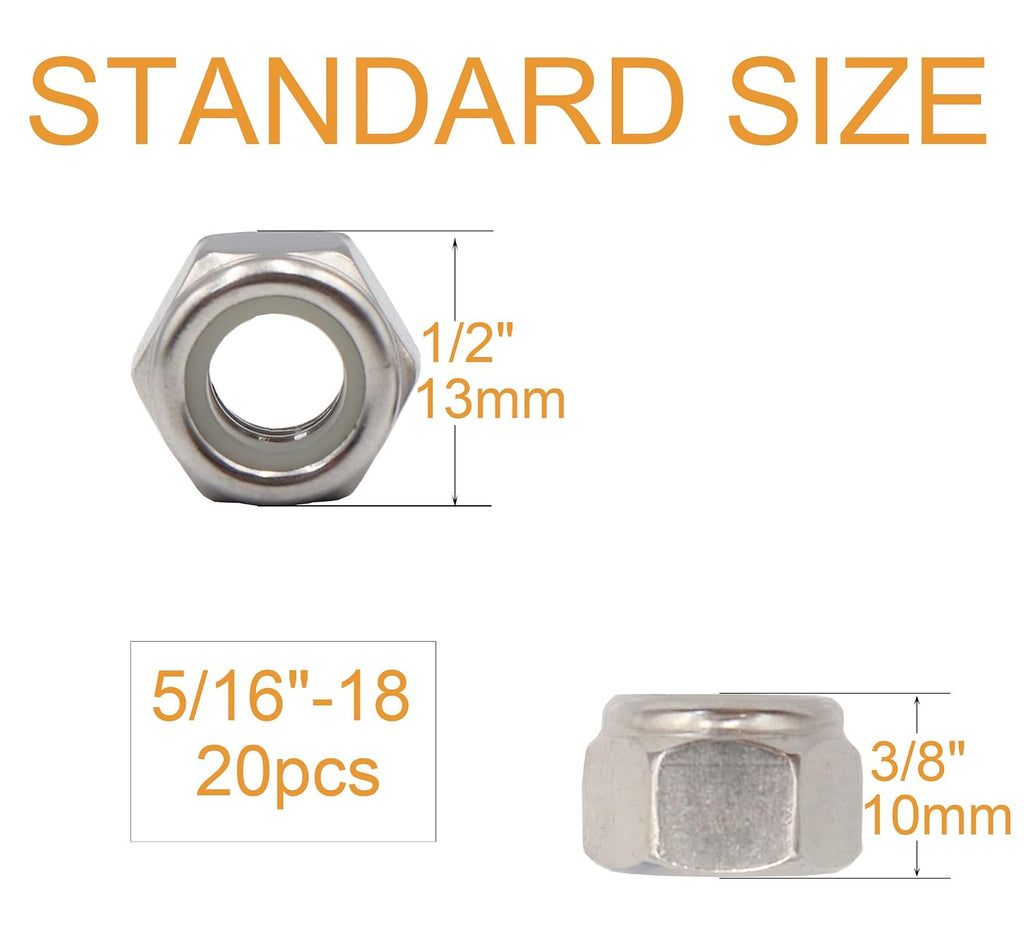 20PCS 5/16-18 Nylon Inserted Self Locking Nuts - Stainless Steel Silver Tone, 5/16" Nylock Nuts for Furniture, Tools, Handle