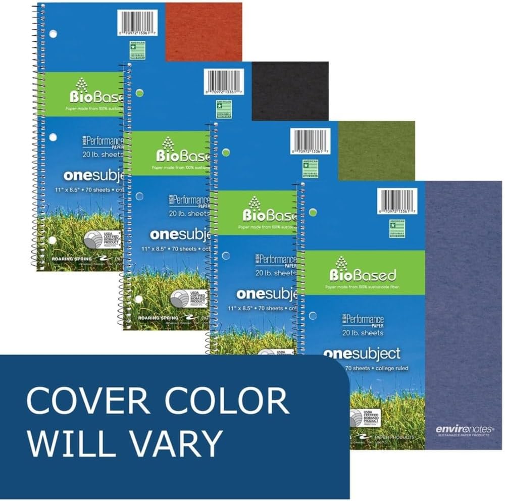 Environotes Recycled One Subject Spiral Notebook, Heavyweight College Ruled BioBased Paper, 11" x 8.5" 70 Sheets