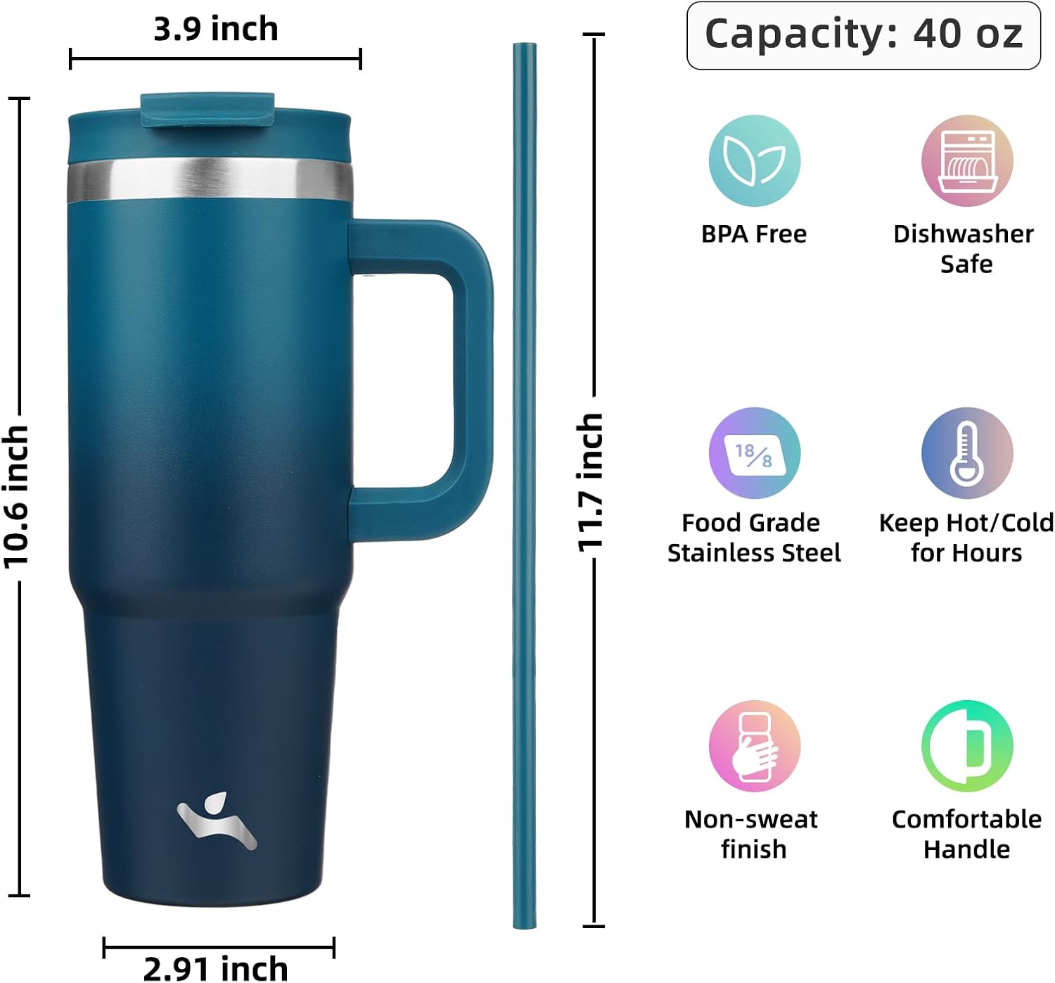 40 oz Insulated Tumbler Water Bottle with Handle, Straw Lid | BPA-free and dishwasher safe; made for gym, travel