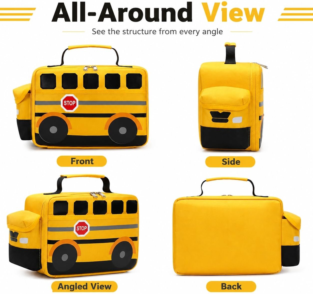 3D School Bus Lunch Box for Kids, Insulated Toddler Lunch Bag for Boys, Preschool, Daycare and Kindergarten, Reusable