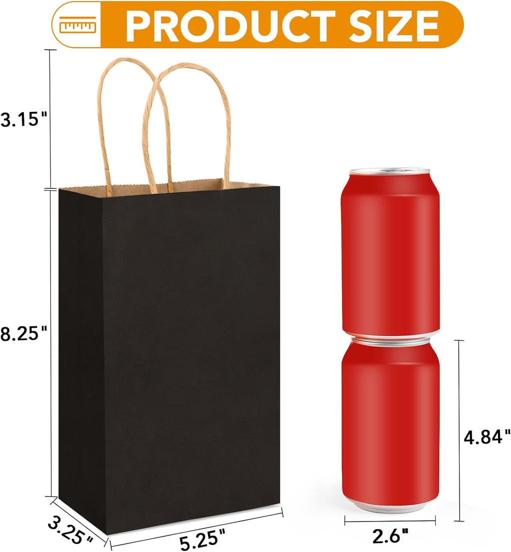 Black Paper Bags with Handles, 100Pcs 5.25x3.25x8.25'' Kraft Bags