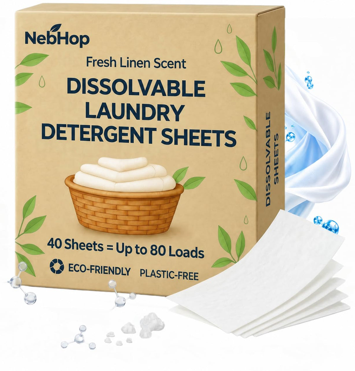 Laundry Detergent Sheets, 40 Sheets, 80 Loads, Plant Based, Fresh Linen