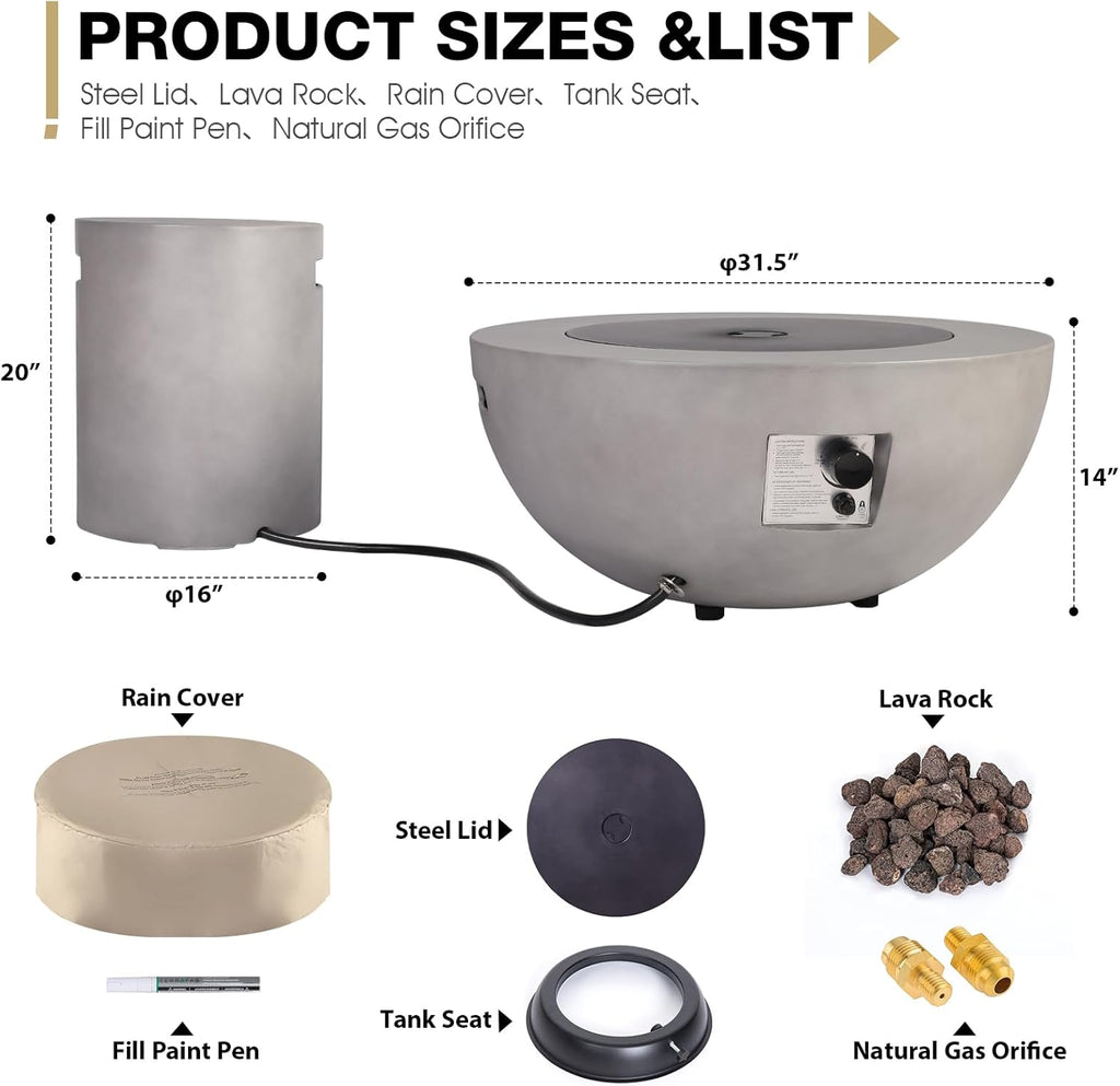 2-Piece Outdoor Propane Fire Pit Table Set w/Tank Cover Table, 31.5-inch 50,000 BTU Bowl Concrete Firepit SUS201