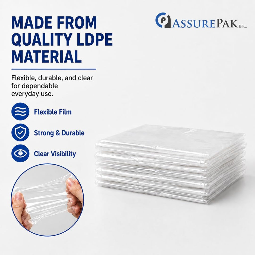 Clear Flat Poly Bags, 12" x 8" x 30", 1.45 Mil, 250 Count