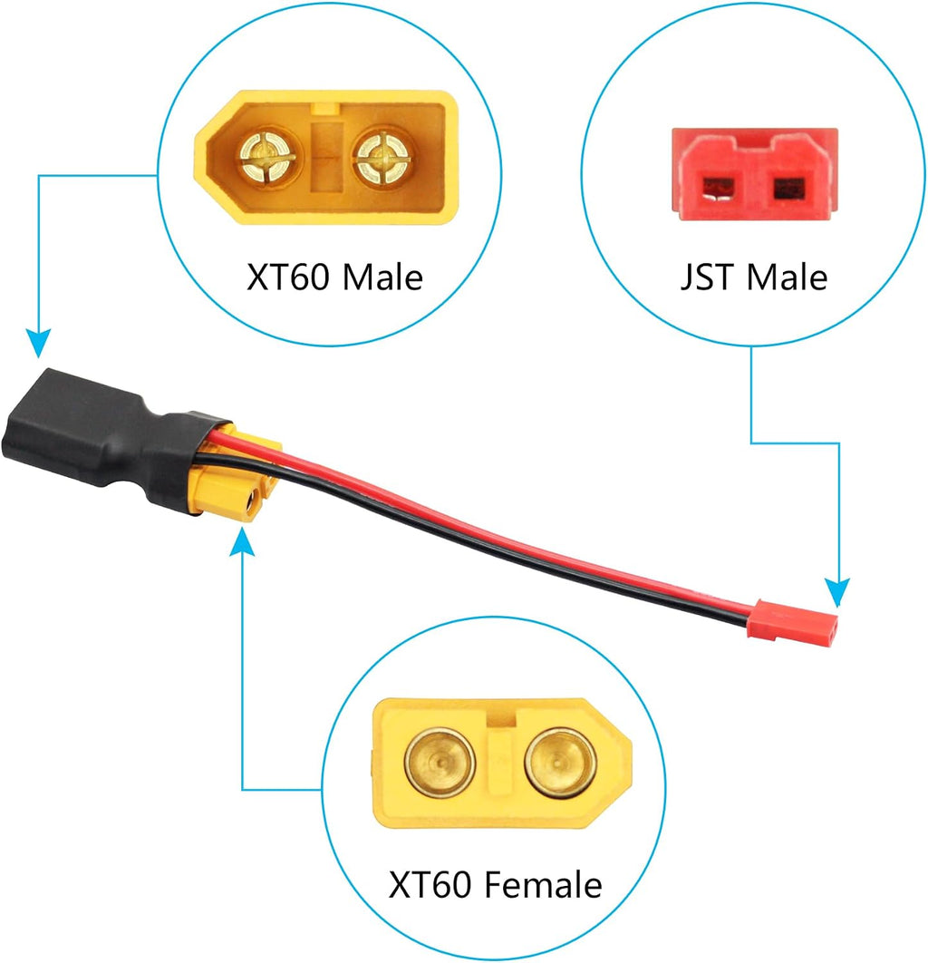 2Pair XT60 Connector Adapter with JST Plug 3", 20AWG Cable Gold Plated Plug