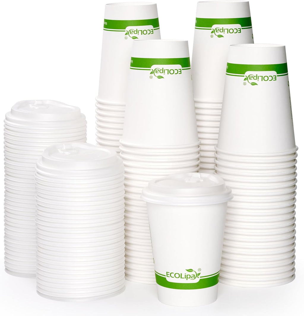 100 Count 12 oz Compostable Paper Coffee Cups with CPLA Lid