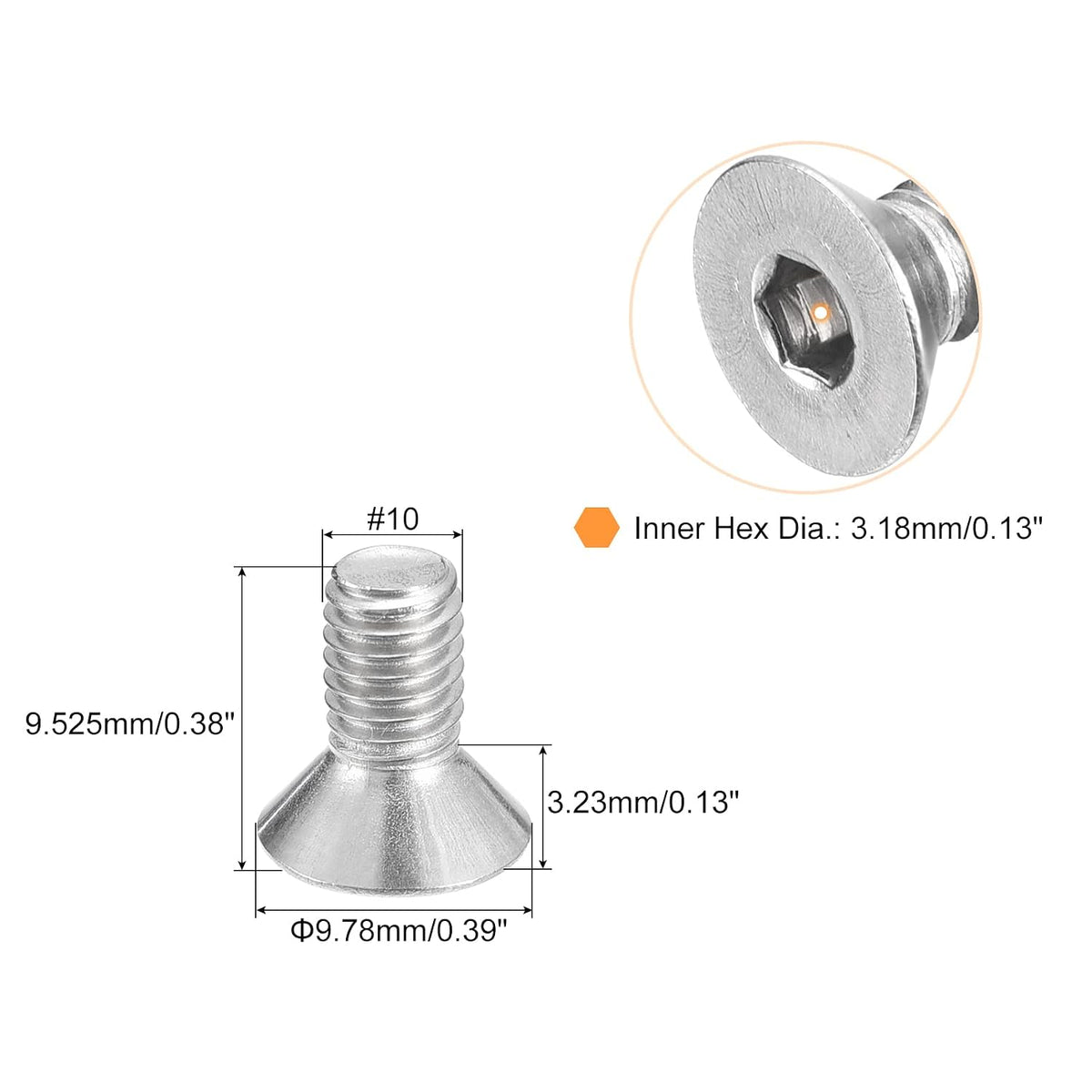 uxcell #10-32x3/8 Flat Countersunk Head Socket Cap Screws, 50Pcs 304 Stainless Steel Hex Socket Flat Head Screws, Full Thread, Countersunk Bolts