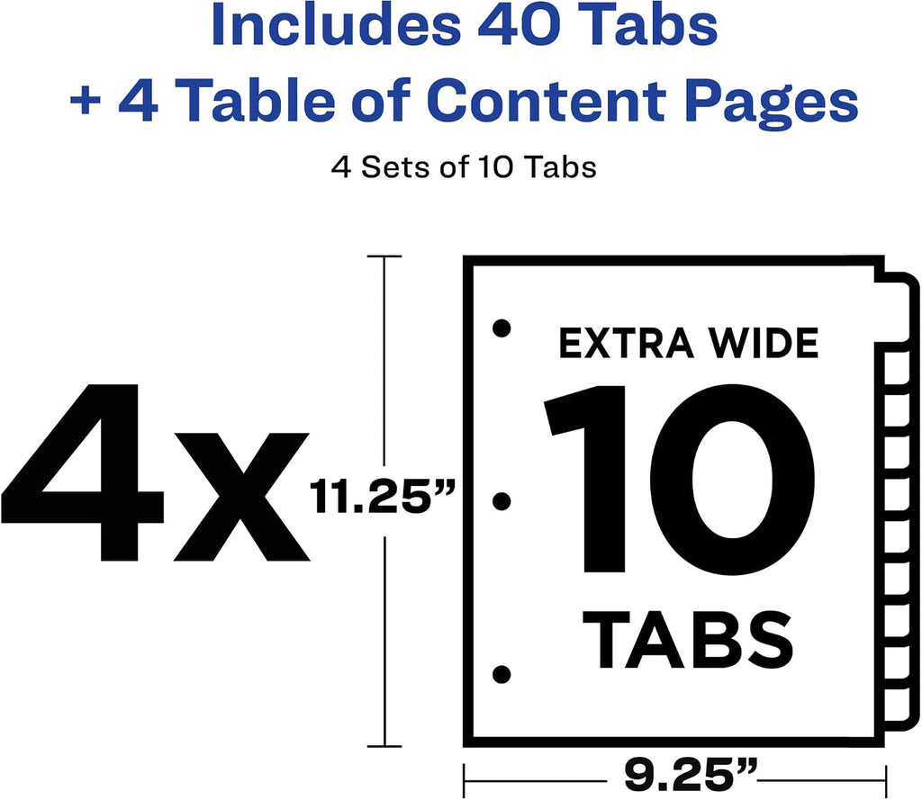 Extra-Wide Dividers for 3 Ring Binders, 10 Tabs per Set, Customizable Table of Contents, Multicolor Tabs, Works Great