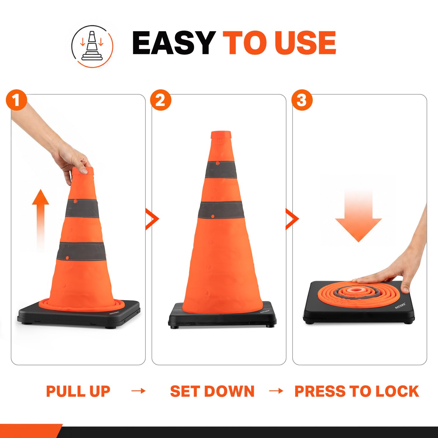 18 inch Collapsible Traffic Safety Cones Orange Plastic Base 2 Pack | Collapsible folds flat, reflective strips