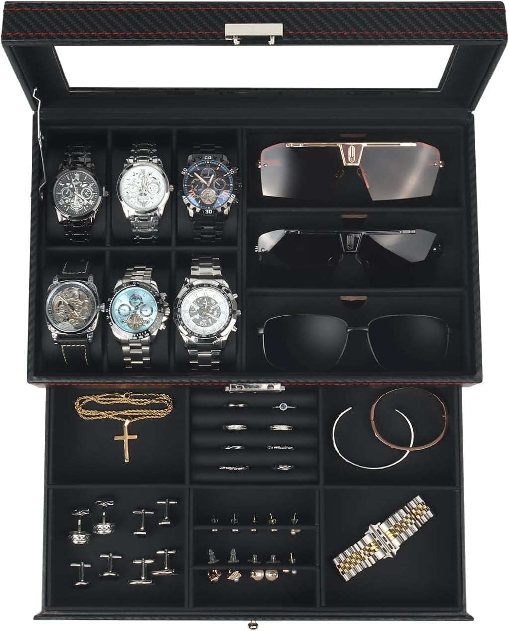 Watch Jewelry Box Organizer, 6-Slot 2-Layer Watch Case and Sunglasses Storage with Large Glass Lid, Men's Jewelry Box