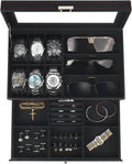 Watch Jewelry Box Organizer, 6-Slot 2-Layer Watch Case and Sunglasses Storage with Large Glass Lid, Men's Jewelry Box