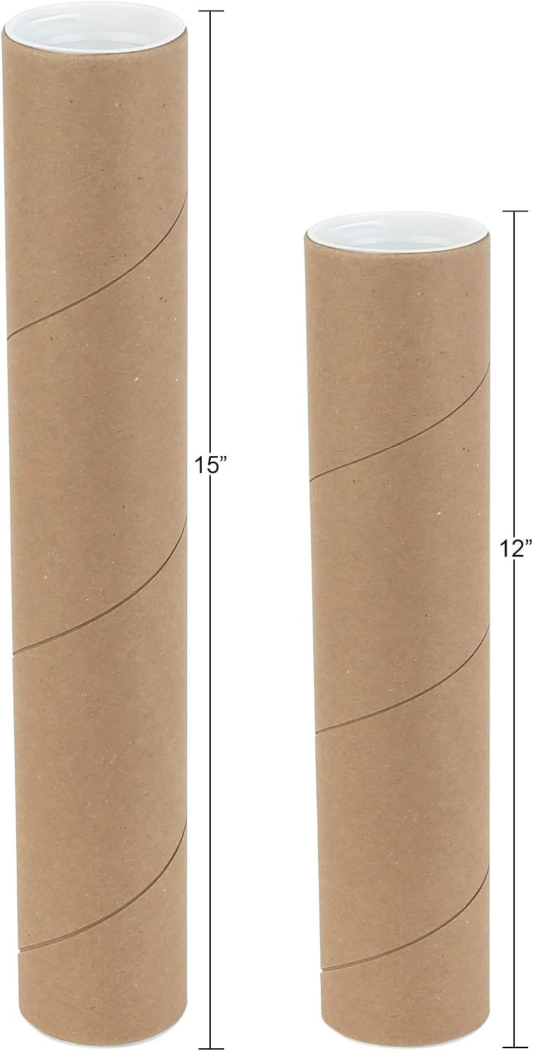 Kraft Mailing & Shipping Tubes with White End Caps 2 x 15 – Durable Cardboard Storage Tubes (Pack of 10)