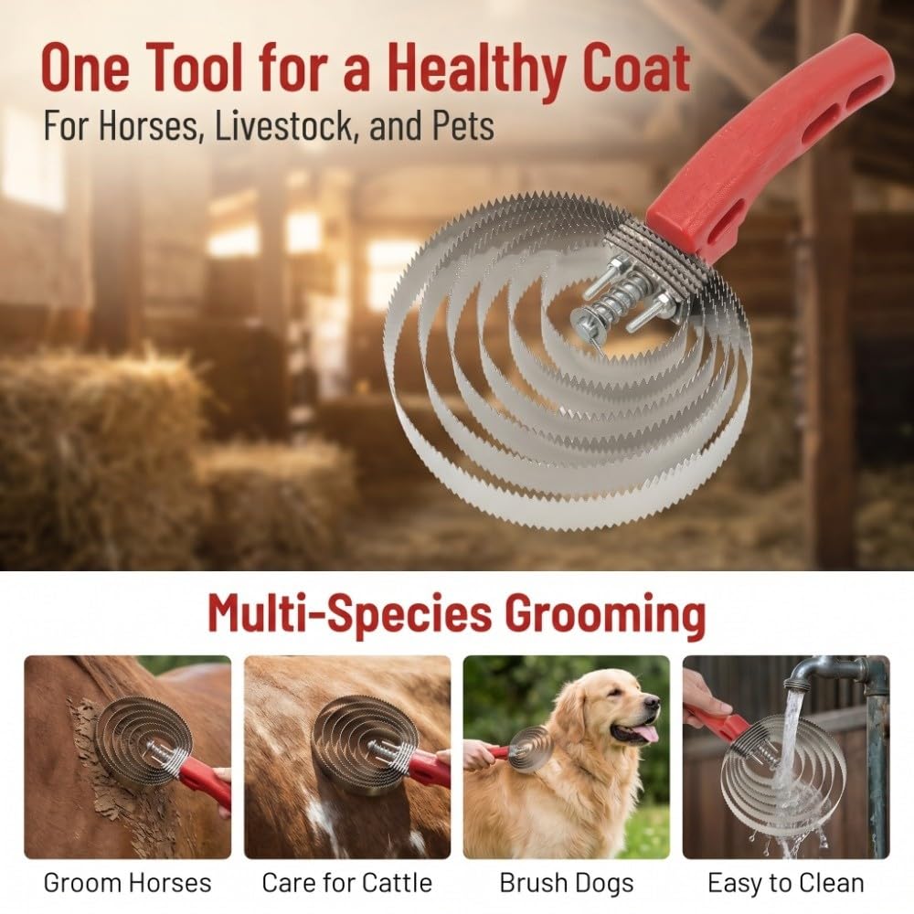 6-Ring Stainless Steel Curry Comb, Reversible Livestock Grooming Brush with Serrated Edge, Ergonomic Red Handle for