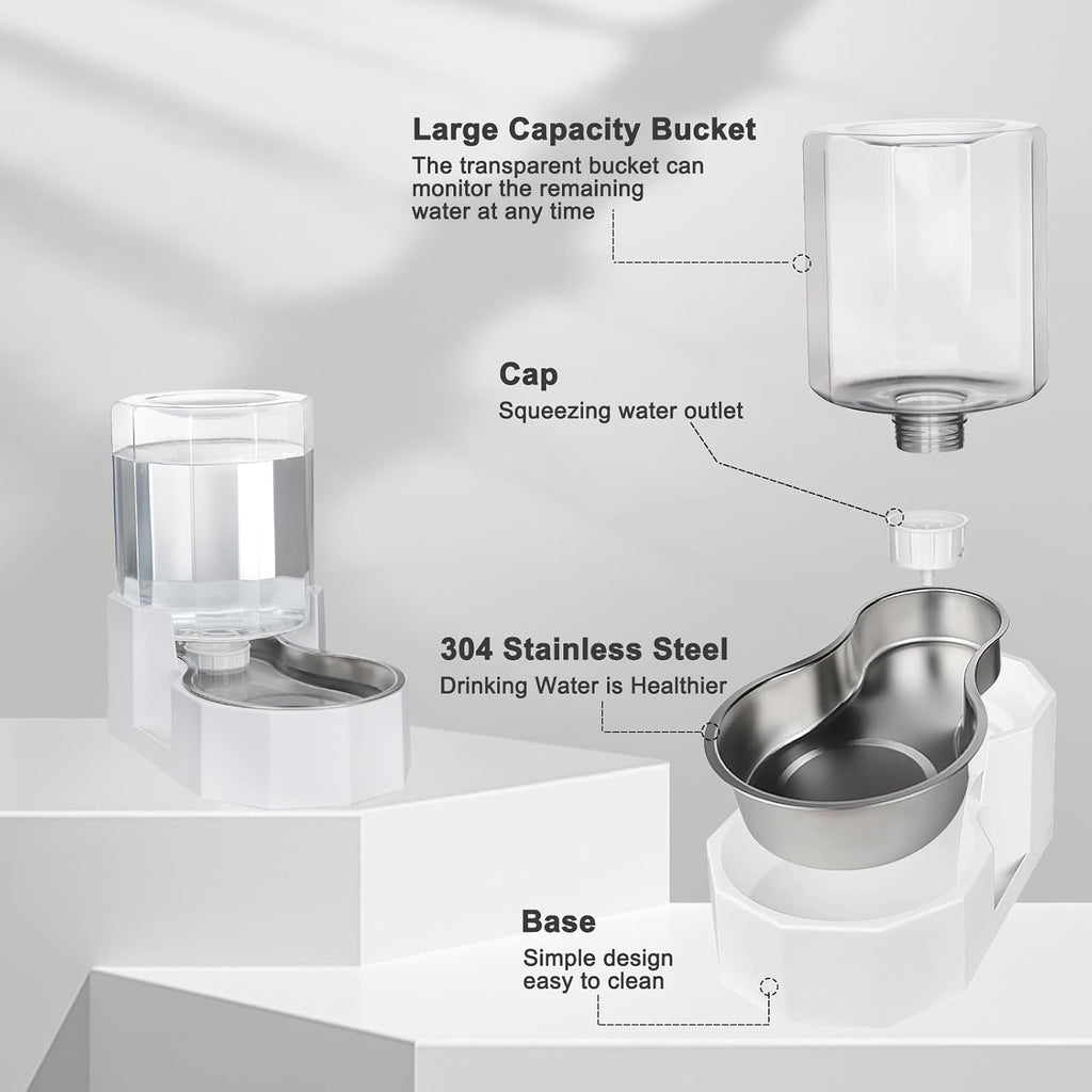 Large Dog Water Dispenser: 4L Stainless Steel Gravity Cat Water Feeder - Quiet Refill - No Power Needed - for Kittens
