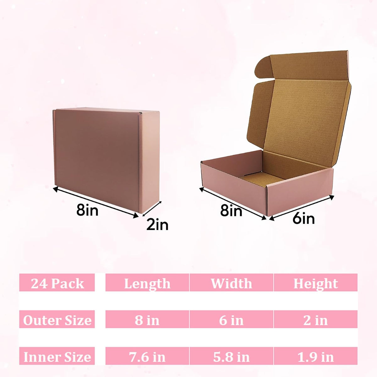 Pink Shipping Boxes 24 Pack 8x6x2 inches, Corrugated Cardboard Mailer Boxes