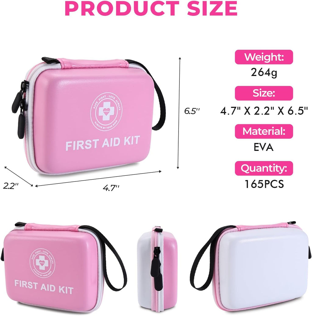 Small First Aid Kit - 165 Piece Dual-Color Emergency Medical Kit with Hard Shell & Fluorescent Exterior Coating