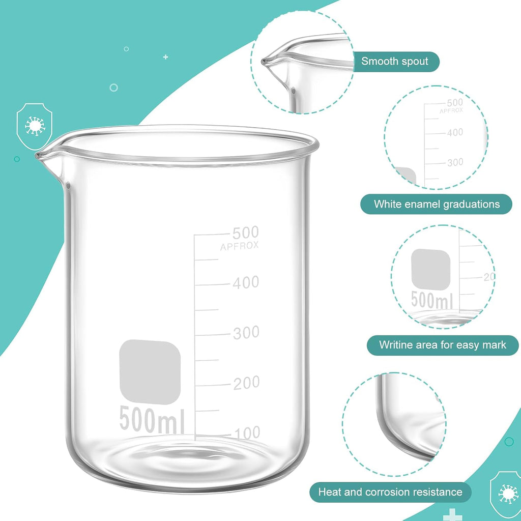 5 Pieces Glass Beaker Set Lab Beaker with Stirring Rod, 4 Sizes of 50/100/250/500 ml Thick Borosilicate Glass Beakers
