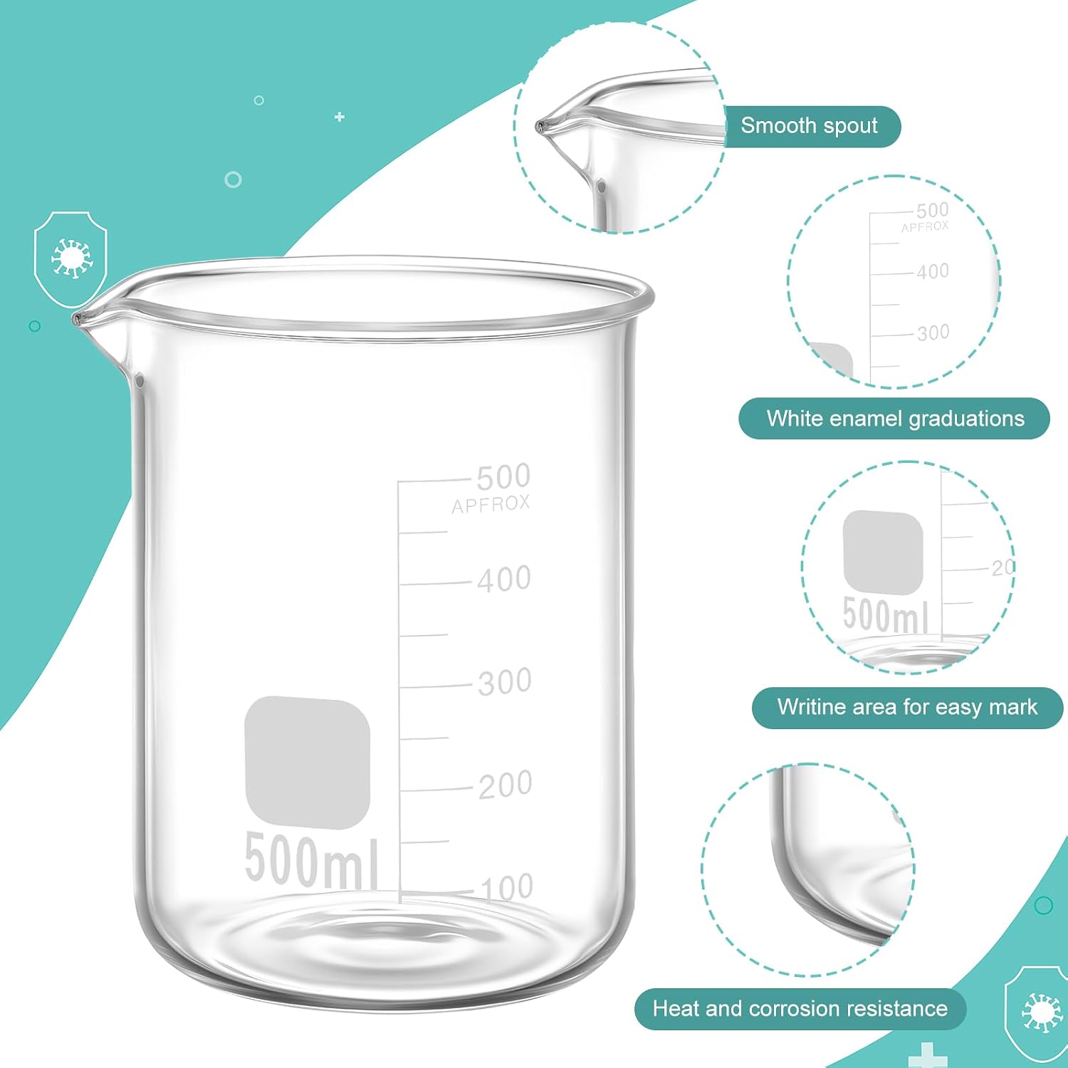 5 Pieces Glass Beaker Set Lab Beaker with Stirring Rod, 4 Sizes of 50/100/250/500 ml Thick Borosilicate Glass Beakers