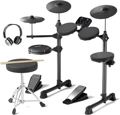 Electric Drum Set For Beginner 150 Sounds,4 Quiet Drum Pads,2 Pedals | 10"Cymbals,Throne,Sticks,USB MIDI,Electronic