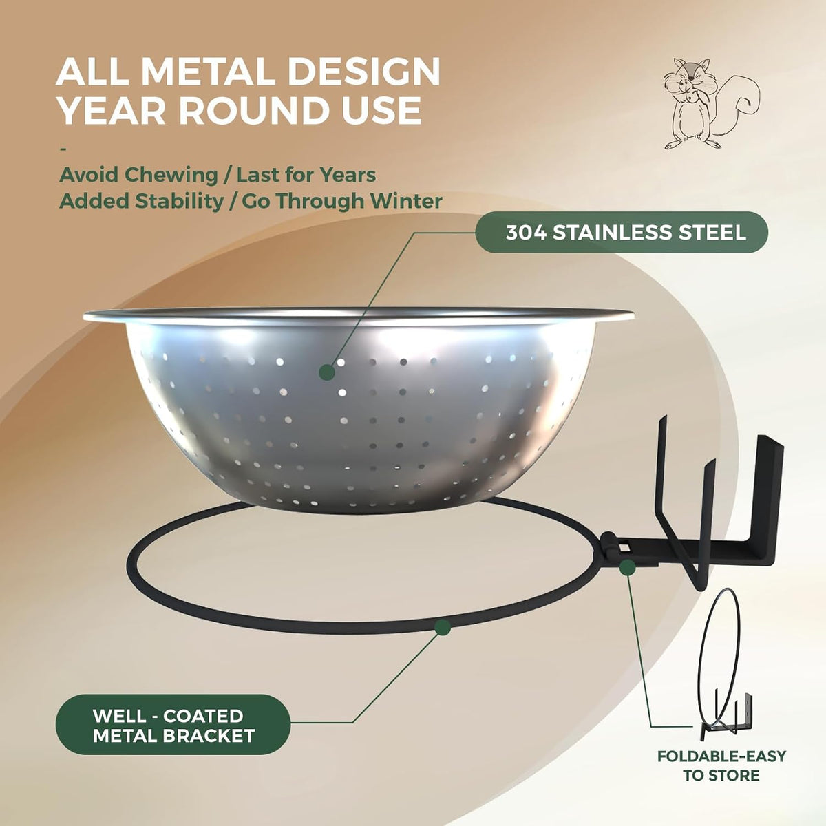 Squirrel Feeder with Metal Drainage Bowl, Squirrel Feeders for Outside, 8.5" Removable Bowl Easy to Clean/Refill, 2