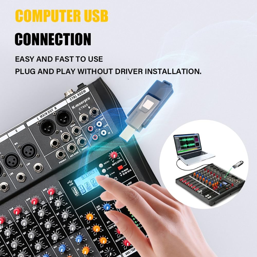 8 Channel Professional Audio Mixer Console Sound Board with 48V Phantom Power,USB Audio Interface for Live