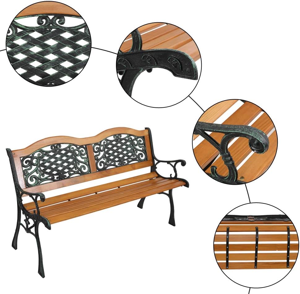 corp 49" Garden Bench Outdoor Patio Park Chair Furniture Natural Hardwood Slats Cast Bronze Iron Frame Curved