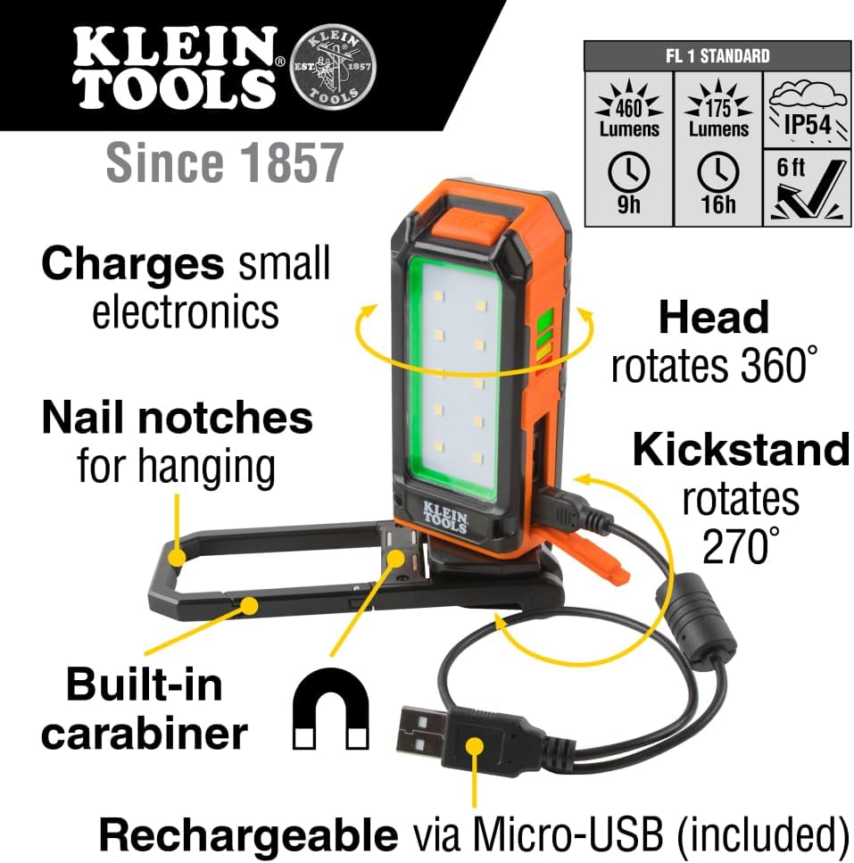 Klein Tools 56403 LED Light, Rechargeable Flashlight/Worklight with Kickstand, Magnetic Mount, and Carabiner, Charges