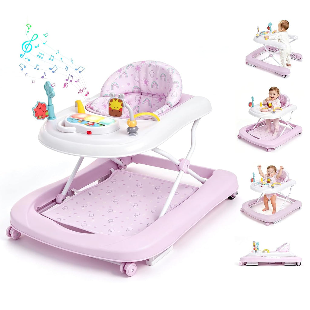Baby Walker with Wheels, 5-in-1 Foldable Push Walker for Girls 6-12 Months | Pink, baby walker & bouncer combo