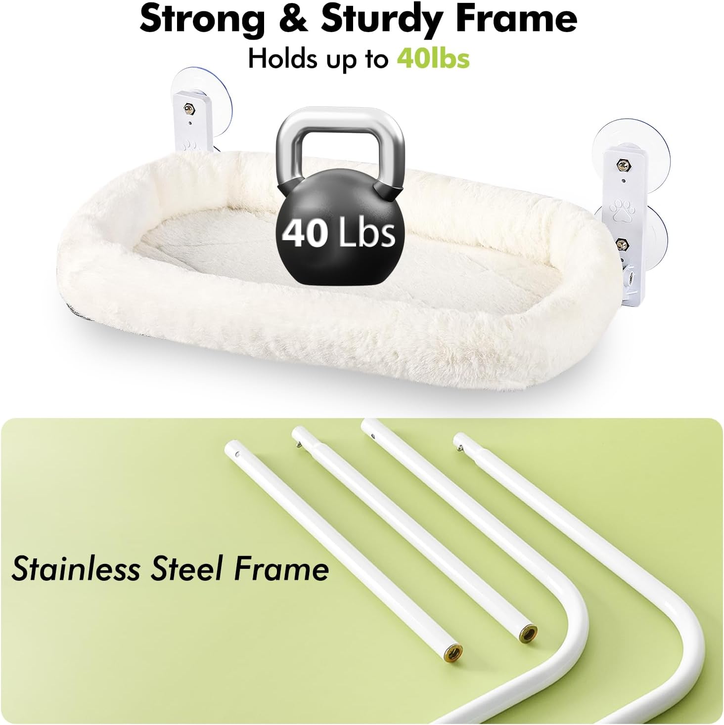 Cordless Cat Window Perch, Window Hammock for Cats with 4 Strong Suction Cups, Solid Metal Frame and Soft Cover