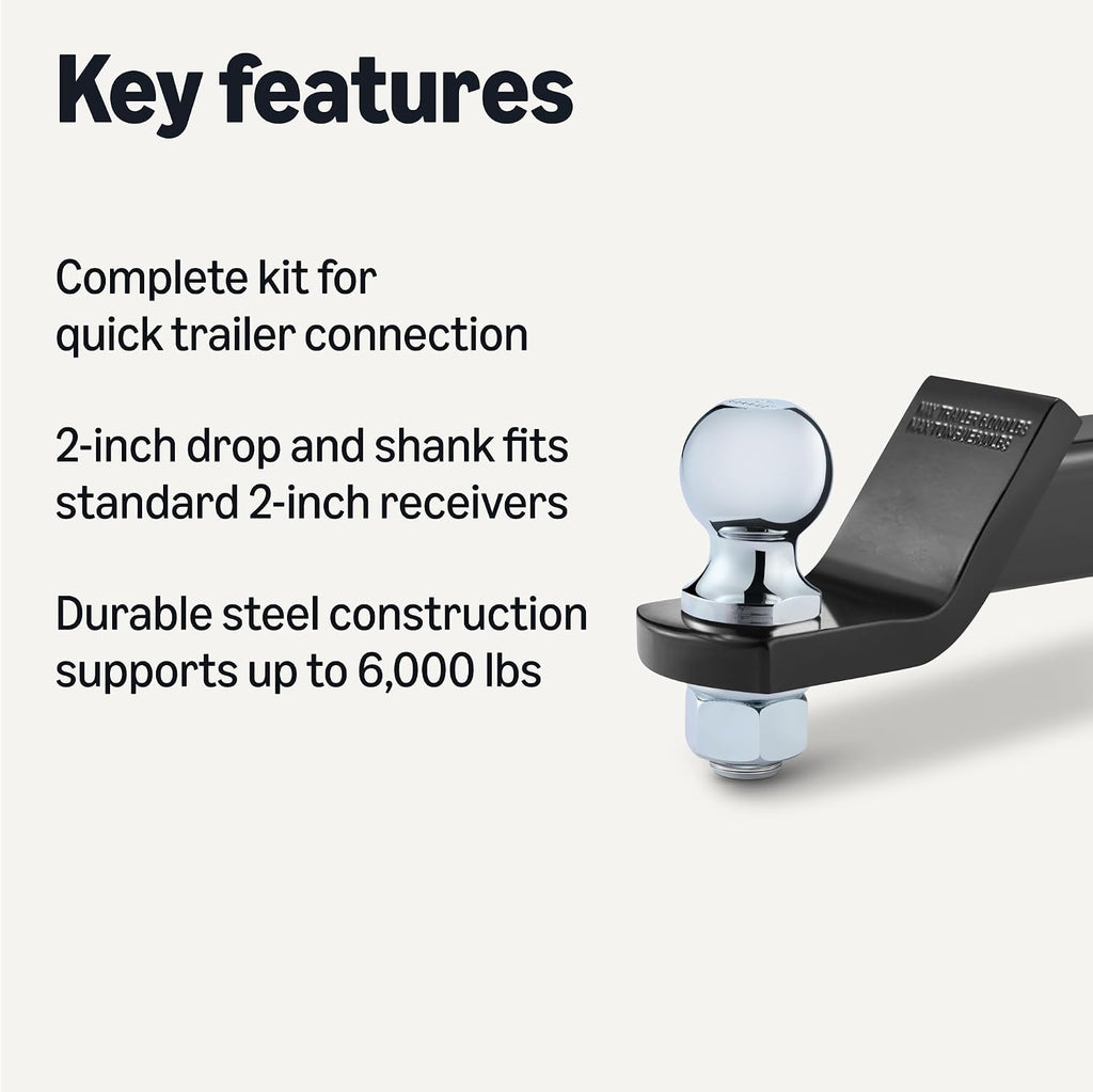 Trailer Hitch Ball Mount with 2" Ball & Pin, Fits 2" Receiver, 2" Drop, 6,000 lbs Capacity
