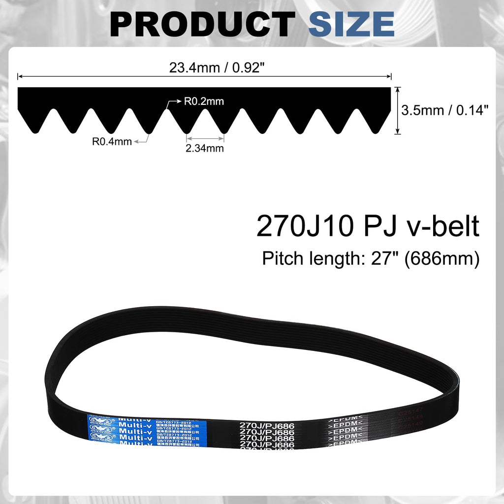 uxcell 270J10 PJ V-Ribbed Belt 10 Ribs 27" L x 0.92" W x 0.14" H, EPDM