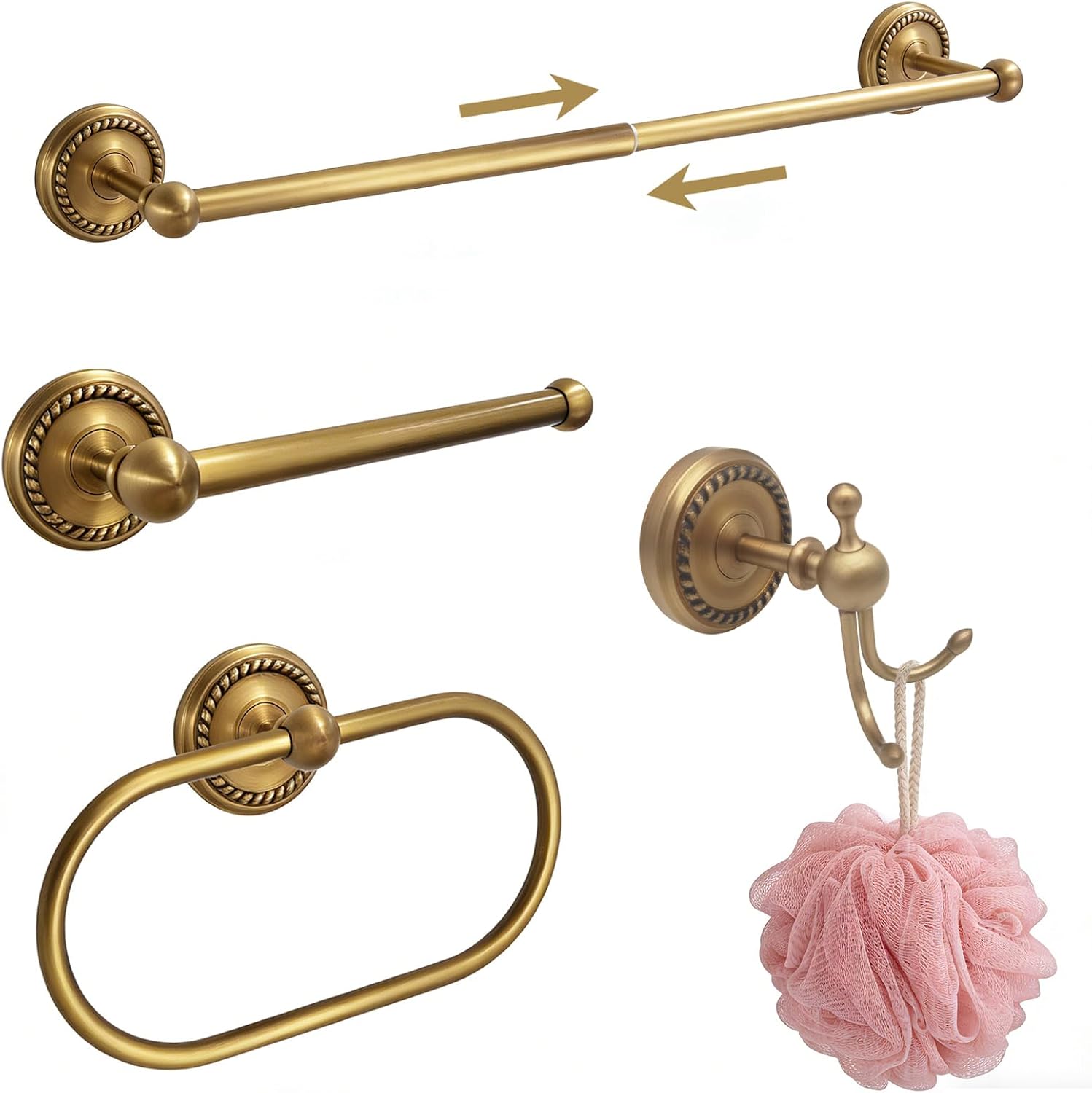 Antique Brass 4-Piece Bathroom Hardware Set Adjustable Towel Bar 13-24" | Vintage Gold Towel Bar, Oval Towel Ring