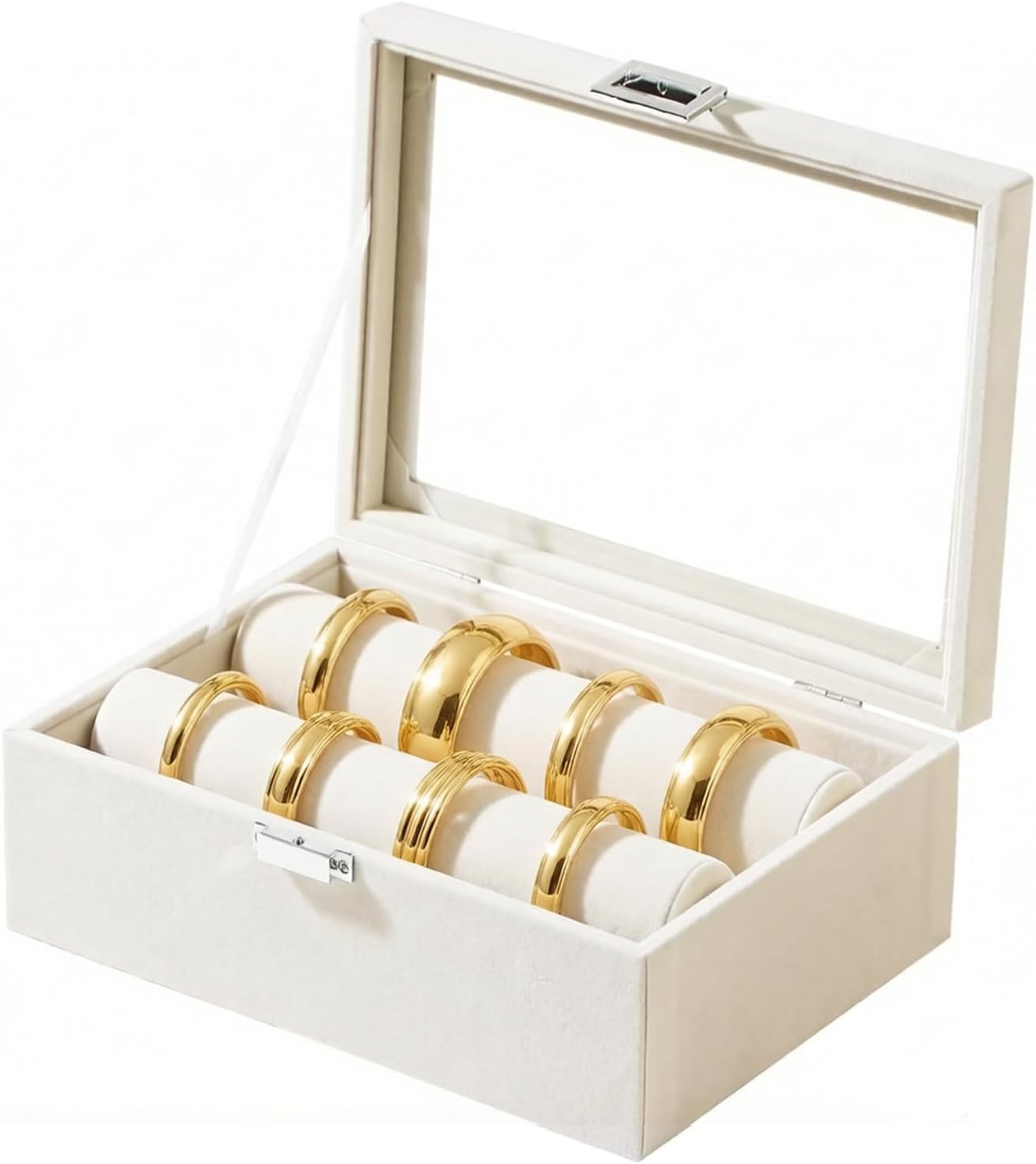 Bracelet Display Holder with Rods for Bangles Watches, Jewelry Organizer Box Storage Case with Clear Lid (Beige)