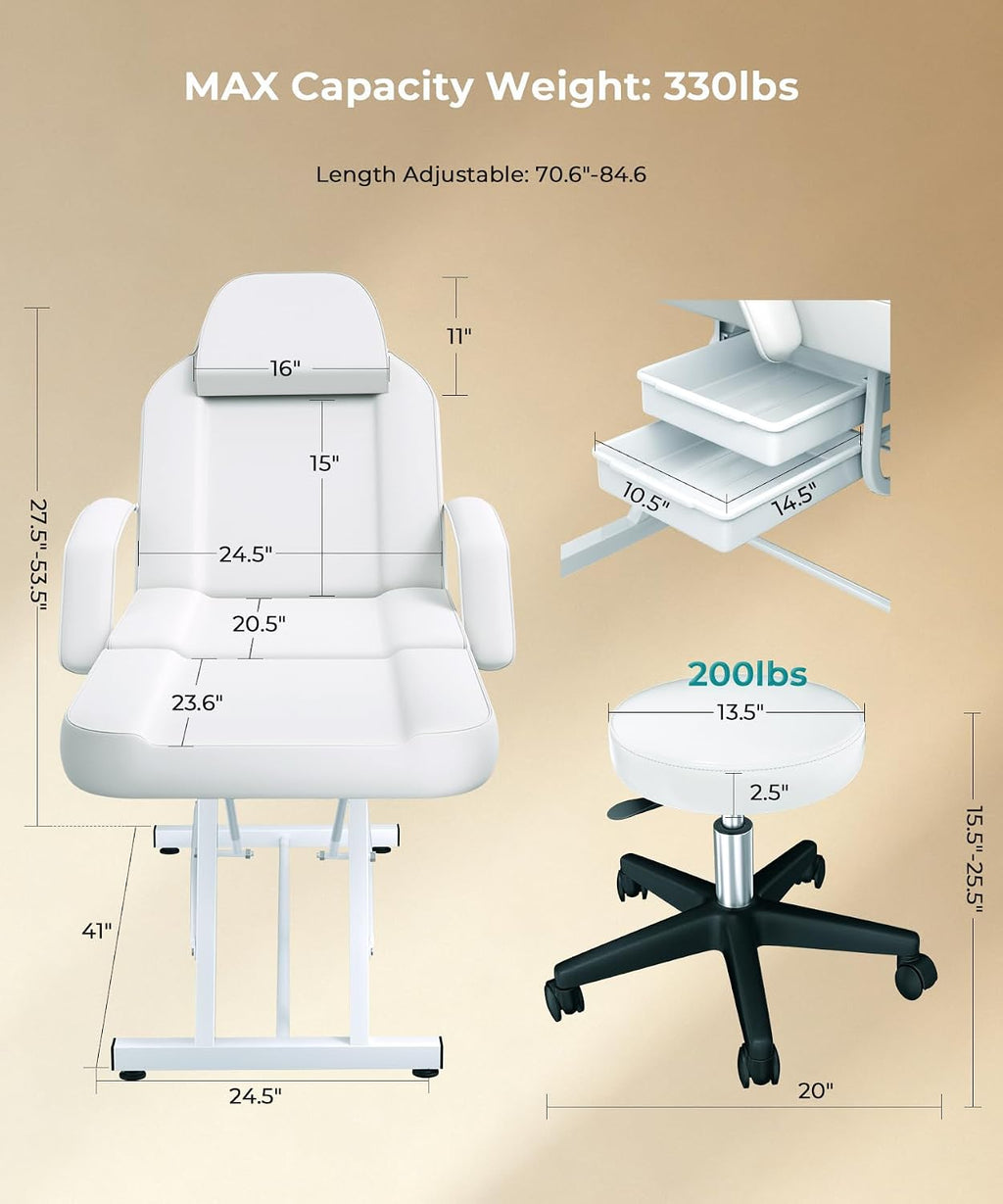 White Tattoo Chair for Client with Hydraulic Rolling Stool, Facial Bed Tattoo Client Chair Facial Chairs for