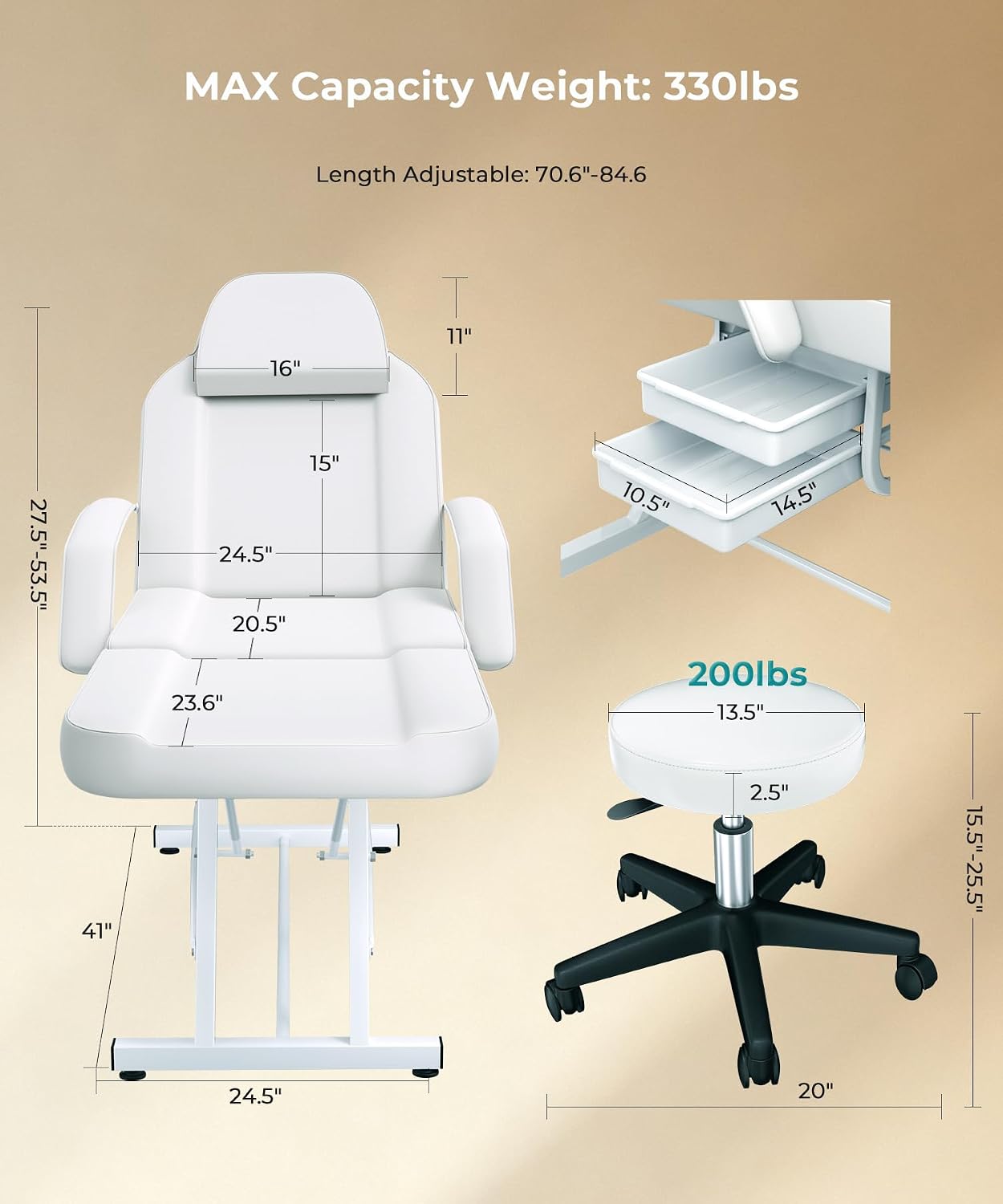 White Tattoo Chair for Client with Hydraulic Rolling Stool, Facial Bed Tattoo Client Chair Facial Chairs for
