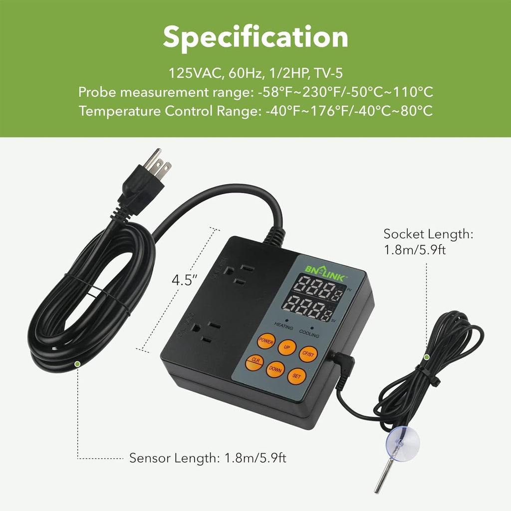 BN-LINK Temperature Controller Dual Thermostat Outlet for Heating Cooling