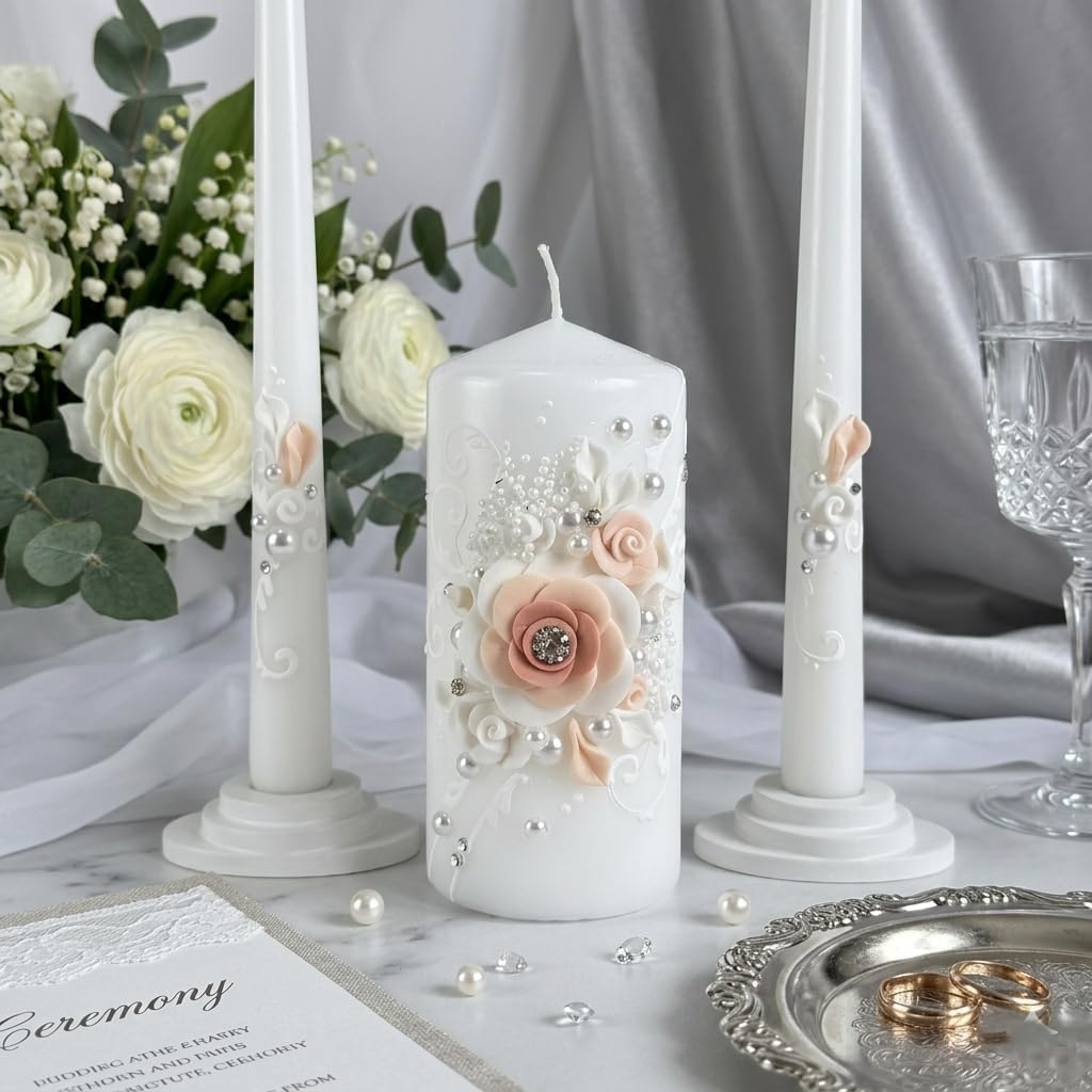 Blush Blossom Unity Candle Set for Wedding Ceremony, White & Blush Pink Handmade Wedding Candles, Unscented 6" Pillar