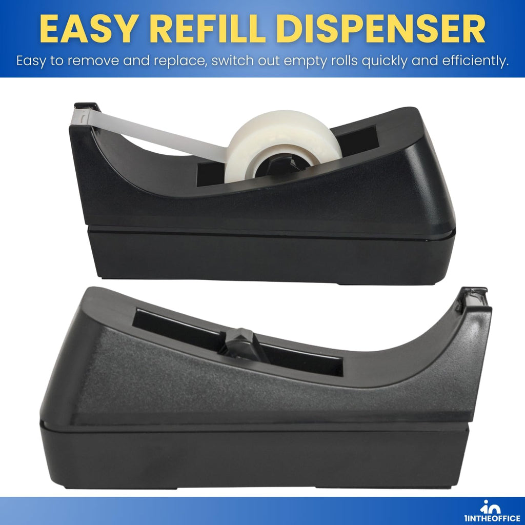 Tape Dispenser Desk, Weighted Nonskid Base, 1 Inch Core, Black, 3 Pack
