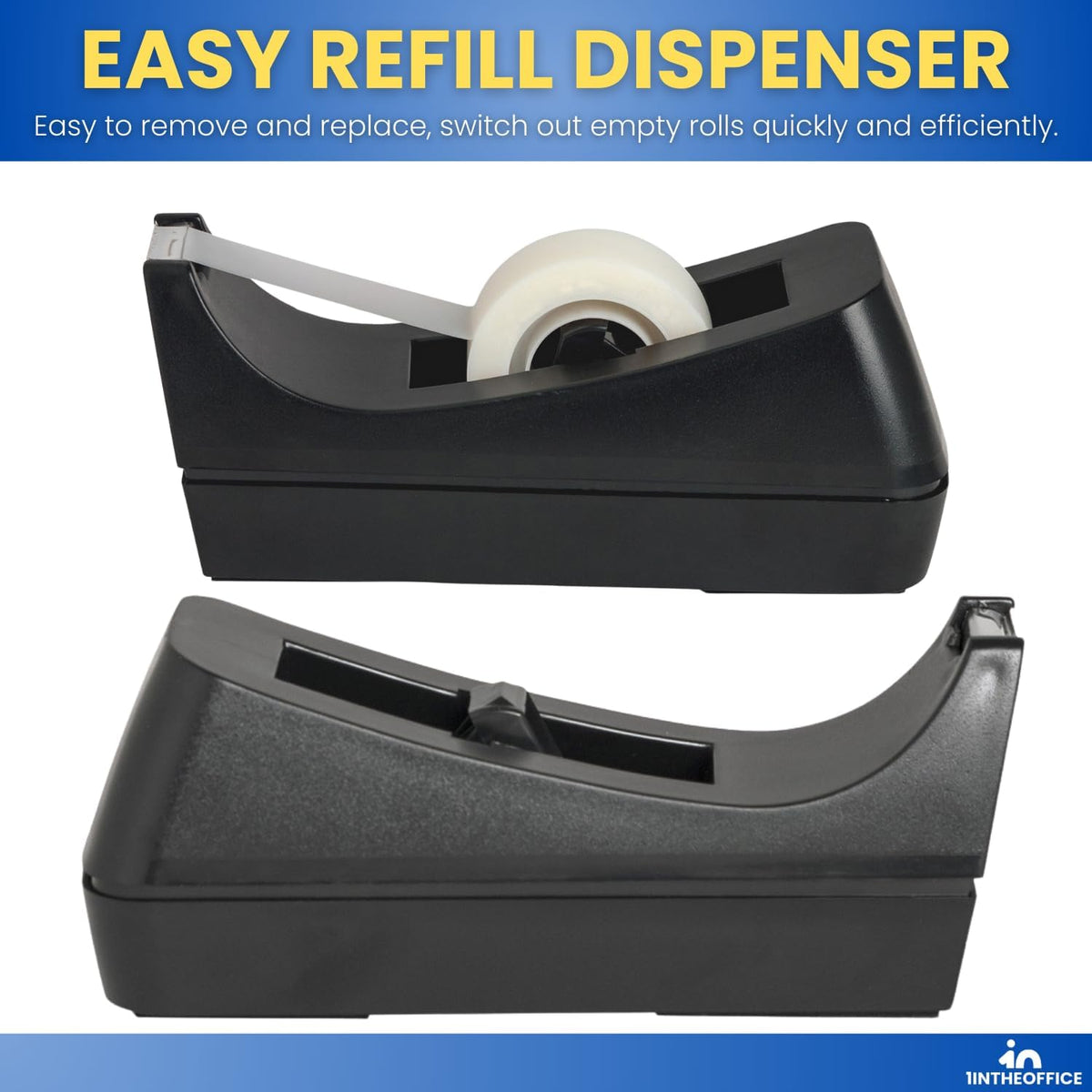 Tape Dispenser Desk, Weighted Nonskid Base, 1 Inch Core, Black, 3 Pack