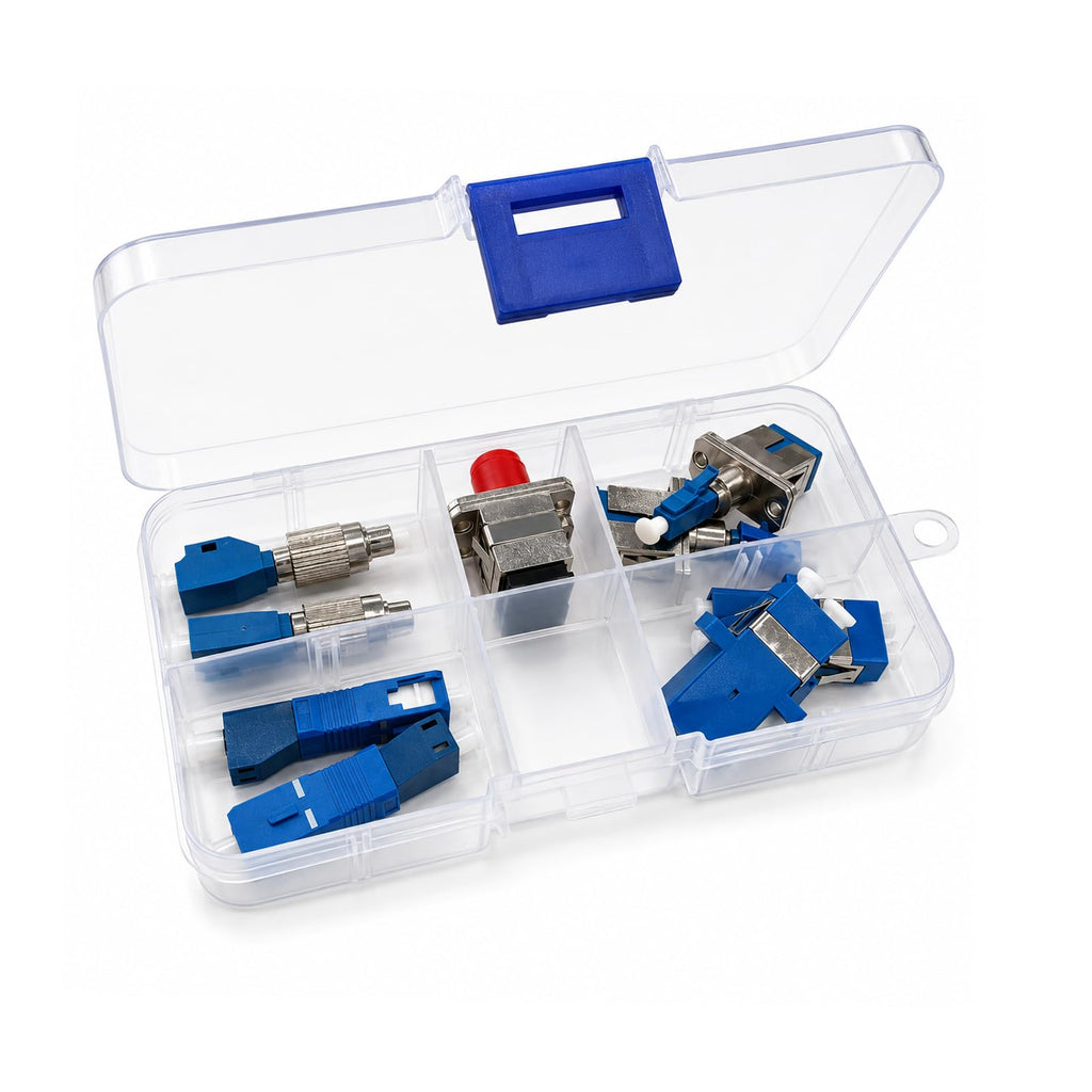 UPC-LC SC FC Fiber Optic Adapter/Coupler Kit 10Pc - Adjustable Storage Box
