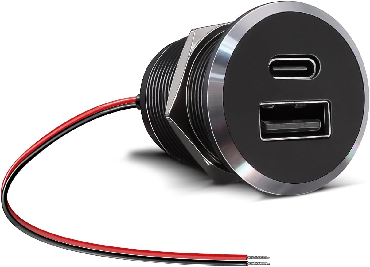 12V USB Outlet All-Aluminum QC 3.0 USB-A & USB-C PD3.0 Dual Fast Car Charger Socket, Recessed Mount Car USB Port for