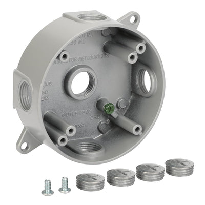 Round Weatherproof Electrical Box,5 Hole 1/2-Inch Surface Mount Box | Aluminum Construction Gray Round Electrical