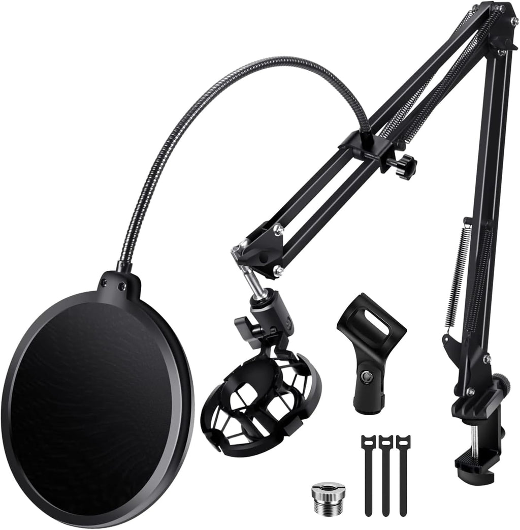 Versatile Boom Arm Stand for Desk, Adjustable Microphone Stand Kit | With Pop Filter, Shock Mount, Microphone Clip