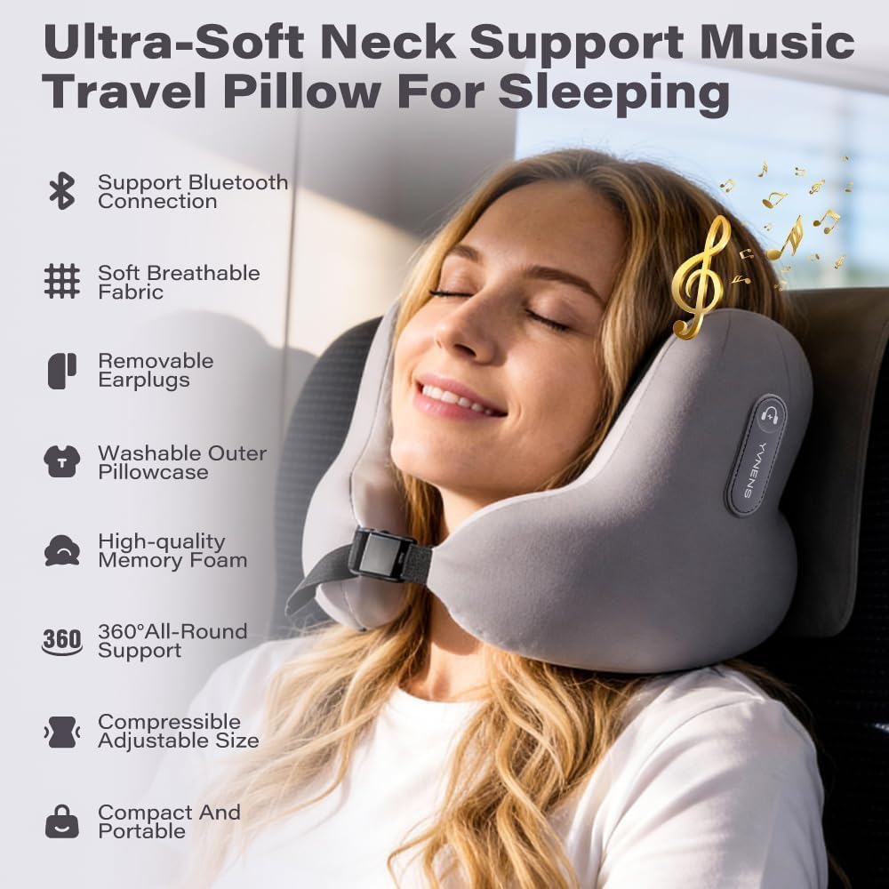 Neck Travel Pillows for Airplanes with Bluetooth, Premium Memory Foam Neck Pillow, Noise Reducing Travel Pillow for
