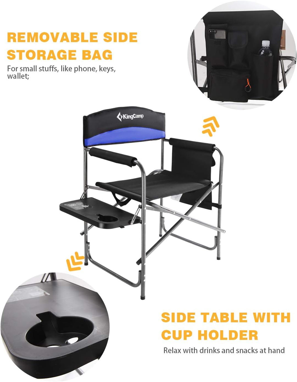 Portable Camping Chair, Folding Directors Chair Compact Outdoor Chair with Side Table Cup Holder for Beach Trip