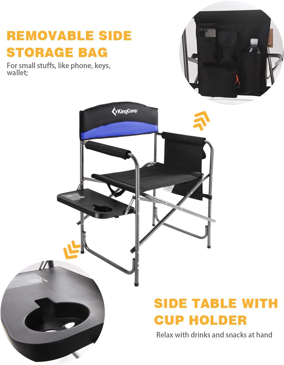 Portable Camping Chair, Folding Directors Chair Compact Outdoor Chair with Side Table Cup Holder for Beach Trip