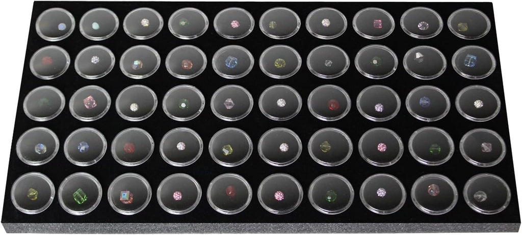 Glass Top Black Jewelry Display Case Box 50 Gem Jars | Black glass-top jewelry case with 50 gem jars keeps gemstones