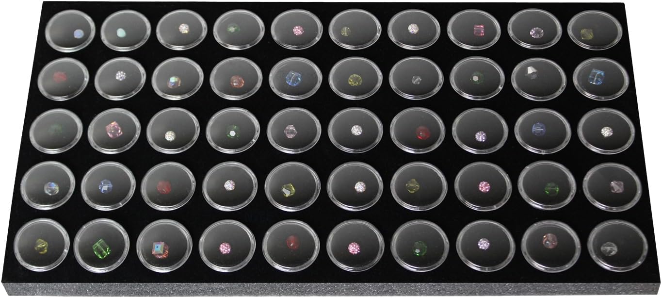 Glass Top Black Jewelry Display Case Box 50 Gem Jars | Black glass-top jewelry case with 50 gem jars keeps gemstones