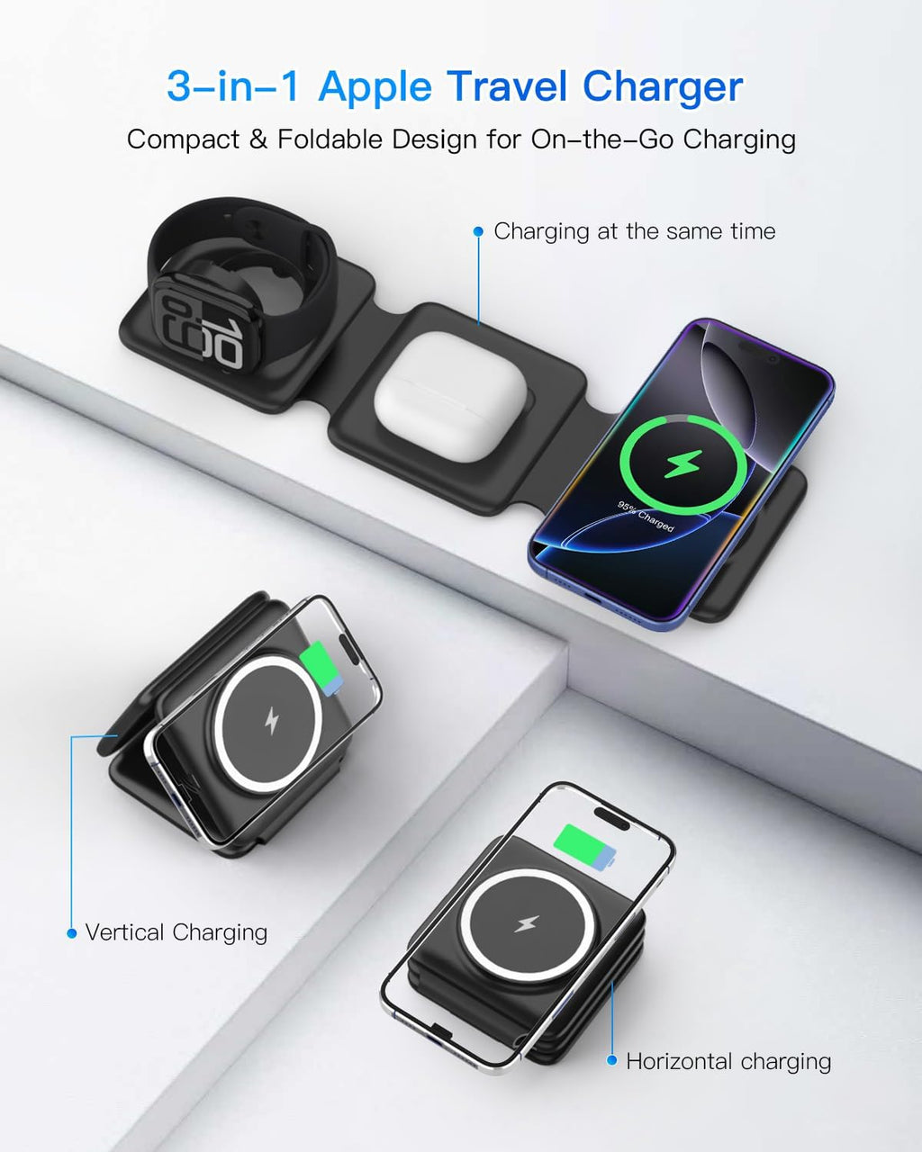 Magnetic Wireless Charger for iPhone: Fodable 3 in 1 Charging Station for Multiple Apple Devices - Travel Charging