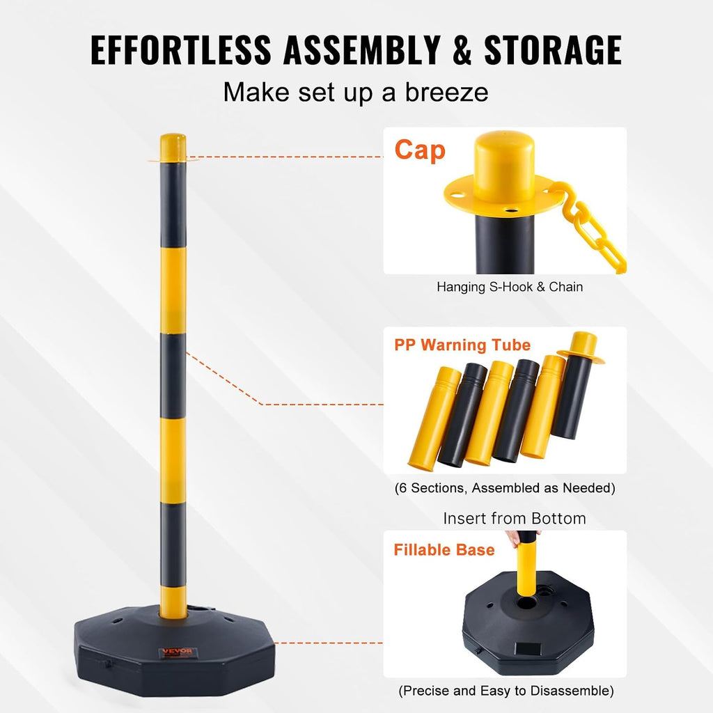Adjustable Traffic Delineator Post Cones, 6 Pack, Traffic Safety Delineator Barrier with Fillable Base 8FT Chain